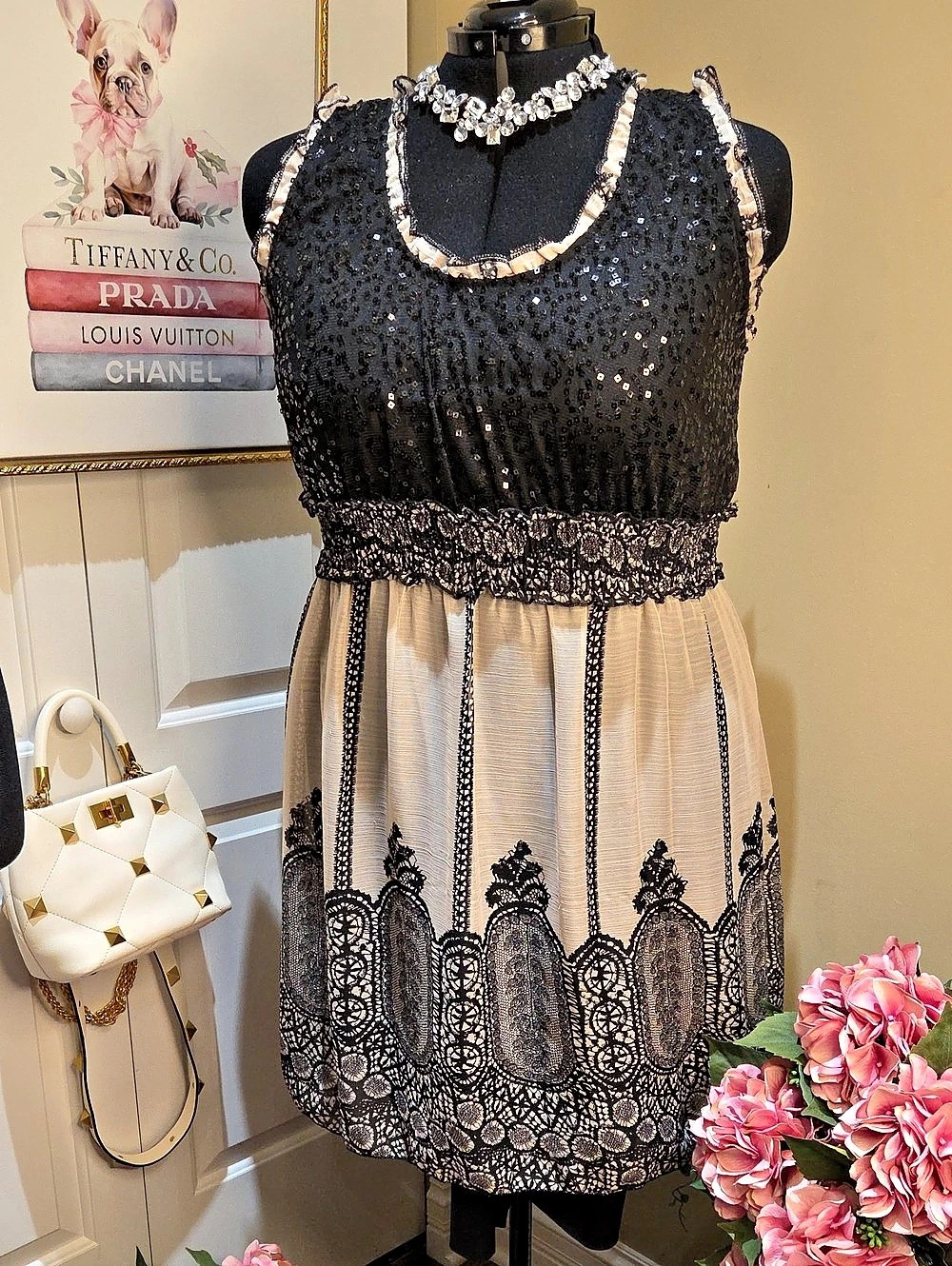 2X American Rag Sequin Lace Mini Dress in Black & Cream